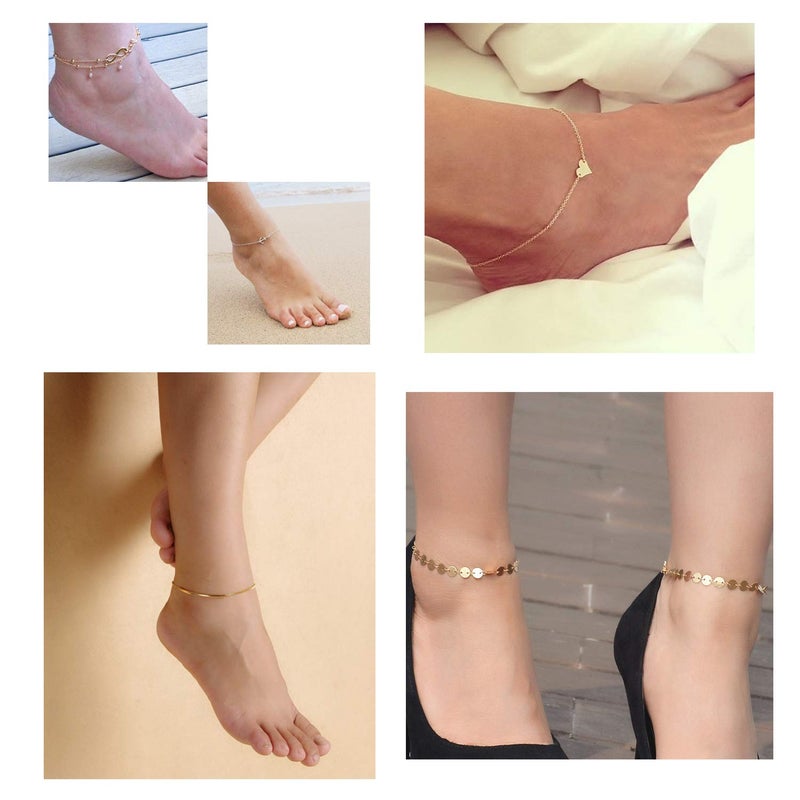 Softones 12-16Pcs Ankle Bracelets for Women Gold Silver Two Style Chain Beach Anklet Bracelet Jewelry Anklet Set,Adjustable Size - Image 3